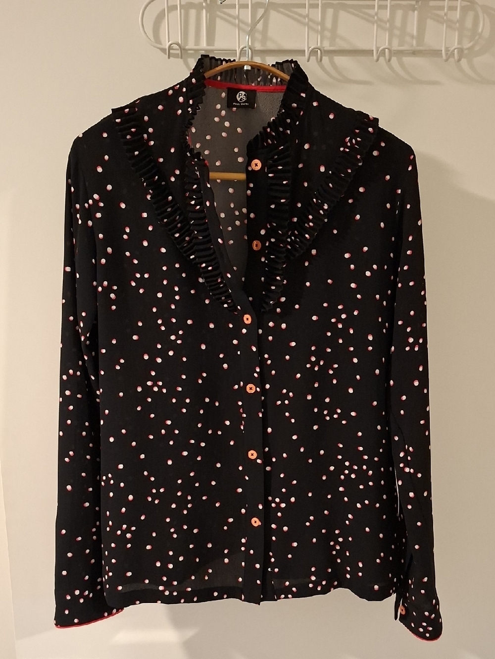 Paul Smith Black, White & Pink/Red Polka Dot Ruffle-trim Blouse (Size EU 38/S)